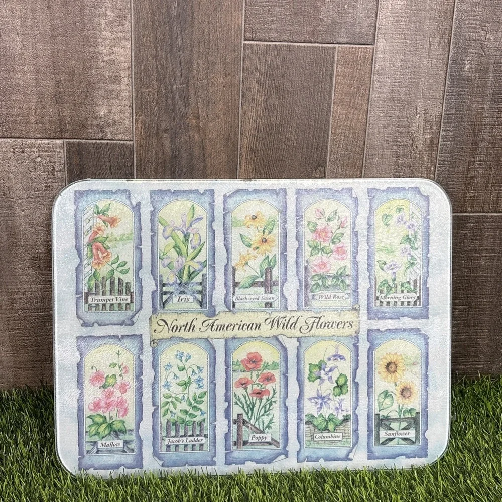 Vintage‎ North American Wildflowers Glass Cutting Board Floral Botanical